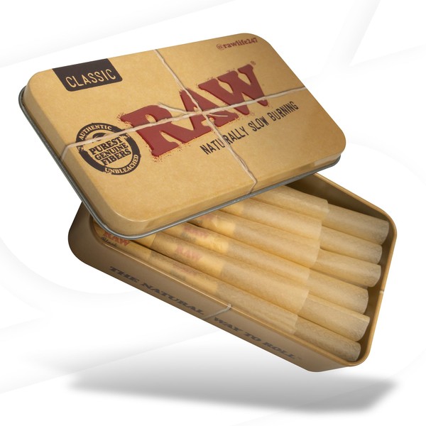 RAW Dogwalker Cones 70/30 Size Prerolled with RAW Metal Tin Container | 20 Pack |