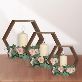 GUDELAK 12 Pcs Wooden Hexagon Shelves Floating Shelve, 3 Sizes Honeycomb Shelves for Wall Shelf Storage, Hexagon Floating Shelves for Wall Wedding Table Centerpiece Living Room Bedroom Office, Brown