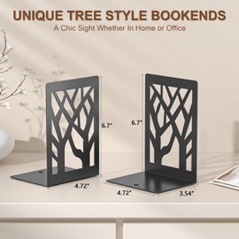 VFINE 2-Piece Modern Metal Bookends for Shelves, Black Tree Book Ends for Books, Decorative Book Organizer for Desk, Non-Skid Shelve Bookends for Home Office