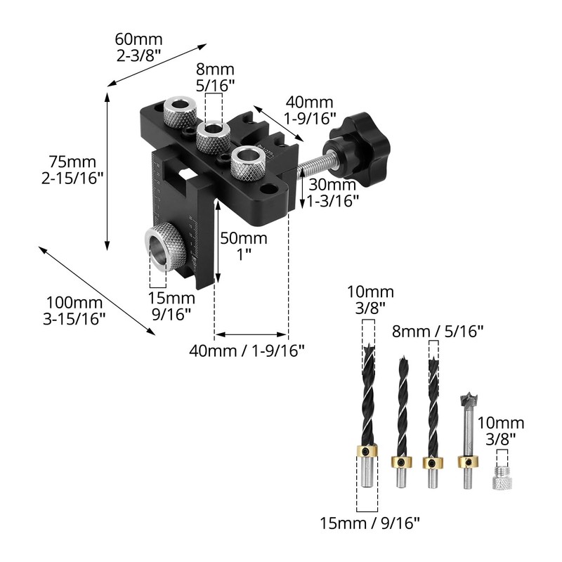 QWORK® 3-in-1 Pocket Hole Jig Kit for 8/10/15 mm Dowels,