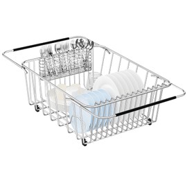 YZPGBT Large Dish Drying Rack in Sink Expandable, Adjustable304 Stainless Steel Metal Dish DrainerRack Organizer with Stainless Steel Utensil Holder Over Inside Sink Counter, Rustproof