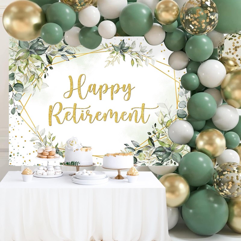 Mocsicka Happy Retirement Backdrop Eucalyptus Leaves Retirement Party Decorations Sage