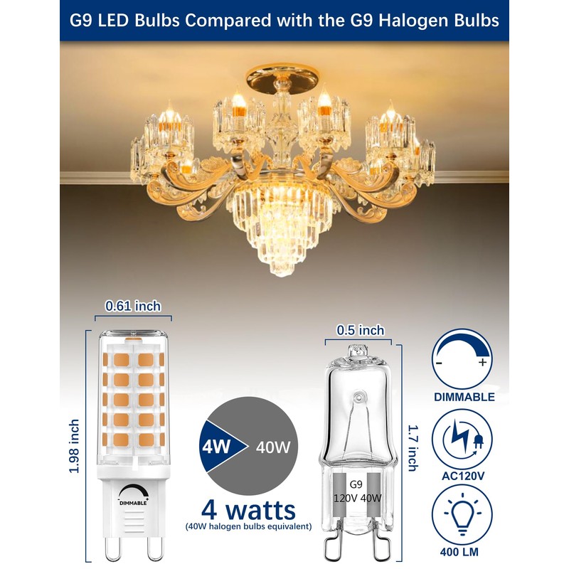 6 Pack G9 LED Bulbs Dimmable, 2700K Soft Warm White,