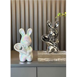 Hosoncovy Ceramic Rabbit Sculpture Ornament Holding Flower Rabbit Statue Figure Decor Home Decoration Room Decor Rabbit Vase for Living Room, Office Desktop, Shelf (Colorful White)
