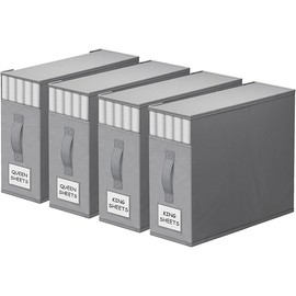 4 Pack Bed Sheet Closet Organizers and Storage,Sturdy Foldable Storage Containers with Window and Label,Storage and Organization for Bedding Sheets,Duvet Covers,Blankets (Grey)