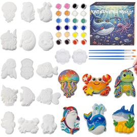 Yamgqus 24 Pcs Paint Your Own Plaster Jungle Animals Painting Kit, DIY Ceramic Arts and Crafts for Kids and Adults, Children Birthday Gift Party Event (Ocean)