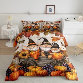 Thanksgiving Day King Size Comforter Sets for Kids Adults,Kawaii Autumn Gnome Bedding Sets Youth Wman Teens Bedroom Decor,Fall Pumpinks Grape 3 PCS Quilt Set,Vintage Wood Car Duvet Insert