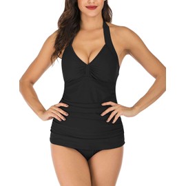 Mingnos Halter Tankini Sets for Women Tummy Control Swimwear V-Neck Swim Tops Slim Ruched Two Piece Swimsuits, black