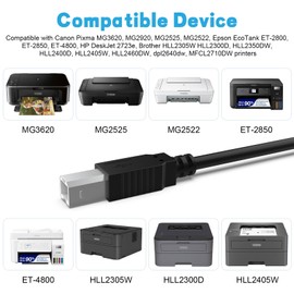Zosvoses USB 2.0 Printer Cable Compatible with Canon MG Series PIXMA MG2525, MG3620, MG2522, MG2920, Epson EcoTank ET-2800, ET-2850, ET-4800 Printer Cord (10ft)