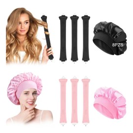 8pz Curly Ondas En Cabello Rizos Sin Calor Tubo+ Gorro Satin