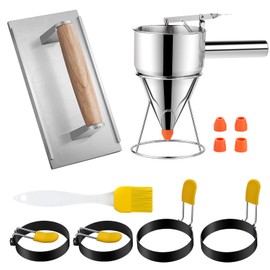 7 Pcs Griddle Breakfast Kit for Blackstone - Pancake Batter Dispenser for Griddle, Grill Press for Bacon, 4 Egg Rings/Pancake Molds, Basting Brush Compatible with Blackstone Griddles