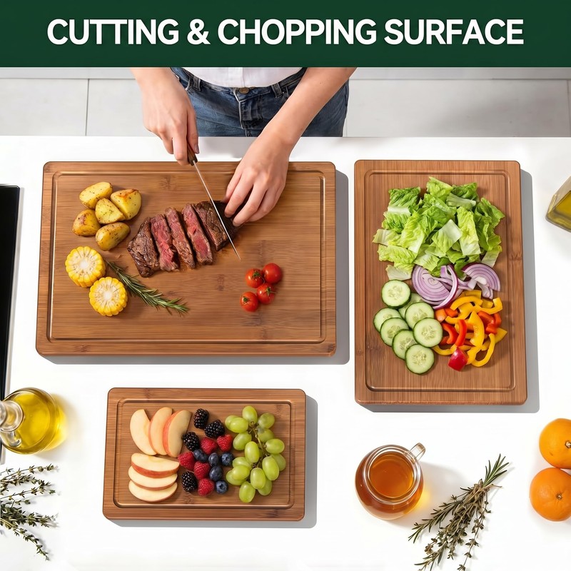 Bamboo Cutting Board Set (S+M) with Juice Grooves & Built-In
