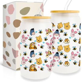 Pooh Bear Gifts, Winnie Gifts, Cute Pooh Gift, Winnie the Bear Glass Water Tumbler Gift For Best Friend, 16oz Glass Cups With Lid And Straw