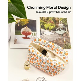 EFFUSON Floral Quilted Makeup Bag, Cute Rose Cosmetic Bag for Women, Flower Travel Toiletry Bag, Cotton Make up Bag Pouch