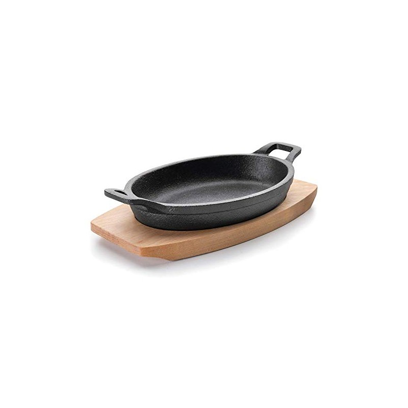 Lacor Magma Oval Dish with Wood Base, Cast Iron Black,