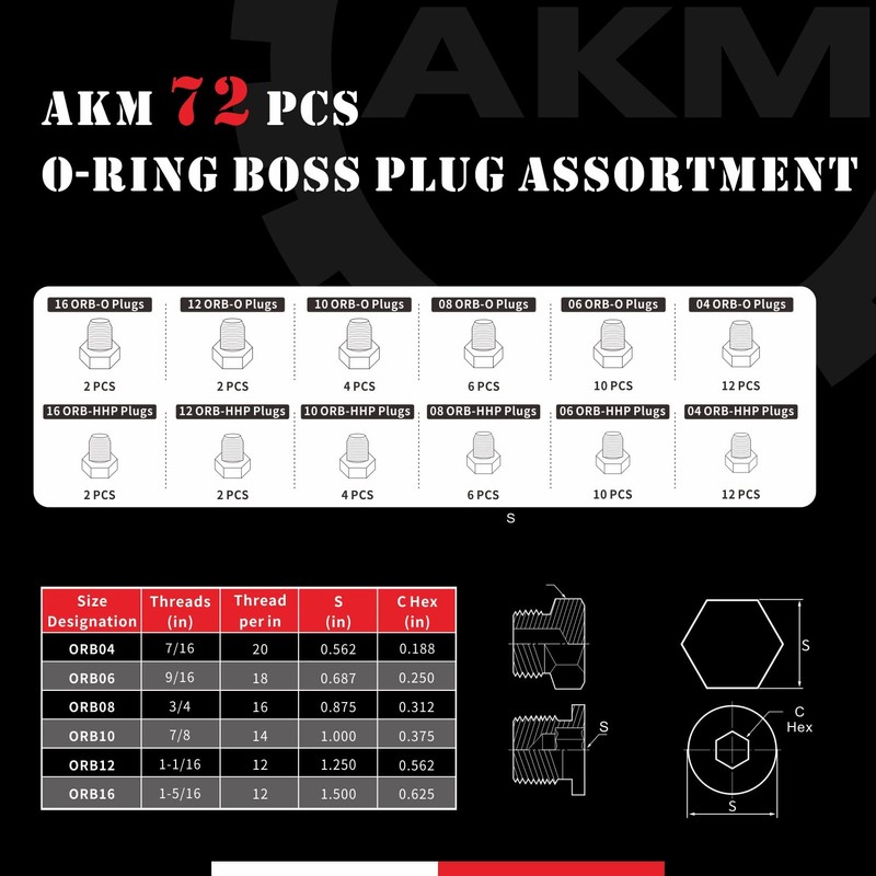 AKM 72 Pcs ORB Plug Kit Hose Tube and Pipe