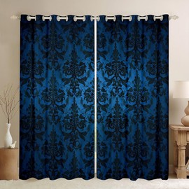 Gothic Black Damask Blackout Curtains for Living Room - Victorian Drapes 2 Panels 42"Wx63"L - Vintage Baroque Goth Window Antique Floral Bohemian Decor, Blue