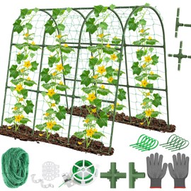 Emquito Cucumber Trellis for Raised Bed Garden, U-Shape Arch Trellis for Climbing Plants Outdoor, Metal Vegetables Trellis with Netting, Garden Trellis for Cucumber Plants Sweet Pea Bean Grape