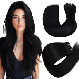 Hetto Clip-In Real Hair Extensions, 35 cm, 70 g, 5 Pieces, Black Extensions, Clip-In Real Hair, Invisible Black Hair Extensions, Short, Straight, #1 Human Hair