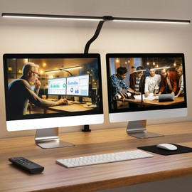 APMIEK LED Desk Lamp for Home Office, 24W Computer Desk Light with Remote Control, Bright Table Lamp with Clamp Dimmable Tall Desktop Lighting with Bendable Gooseneck, Double Head, Black