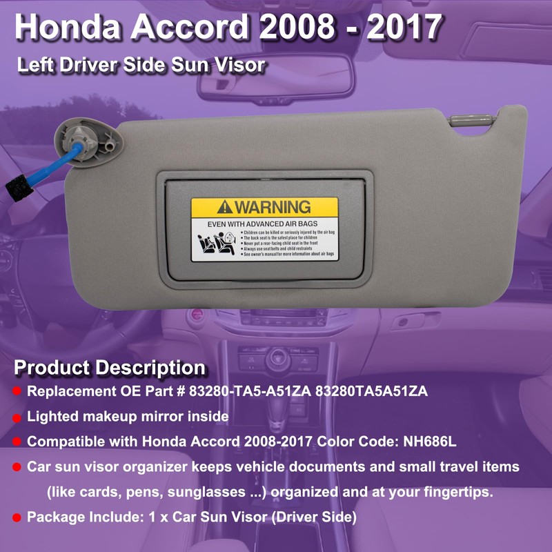 NHILES Left Driver Side Sun Visor Compatible with Honda Accord