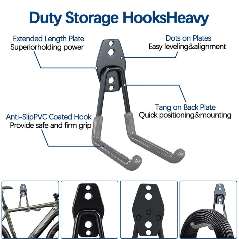 3-H Pack of 4 Wall Hooks, Garage Hooks, Heavy Duty