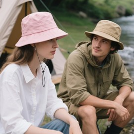 Sahunfri Pack of 2 Bucket Hat, Packable Bucket Hat with String Wide Brim Bucket Hats for Women Men Camping, Rose + khaki, Unit size