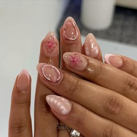 Short Press on Nails Almond Fake Nails with 3D Flower Design Glue on Nails French Tip Gold Circle Glossy Full Cover Stick on Nails Elegant Acrylic Nails for Women 24 Pcs