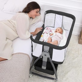 Luvkixen Baby Bassinet Bedside Sleeper, 3 in 1 Rocking Bassinet for Baby, Arms Reach Co Sleeper Bassinet with Wheels, Adjustable Height, Storage, Mattress & Canopy (Black)