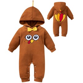 IWALUE Baby Boy Girl Costume Thanksgiving Little Turkeys Cosplay Hooded Romper (Brown,12-18 Months)