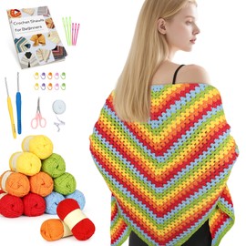 Katech Crochet Kit for Beginners Adults & Kids-Learn to Crochet Granny Square Shawl Kit with Step-by-Step Tutorials-Enough Yarn for Crocheting-Ergonomic Crochet Hooks and All Accessories You Need