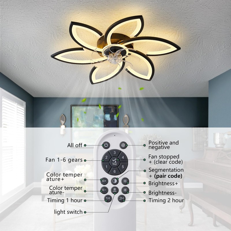 Ruibutrade 30inch Black Flower Modern CeilingFans with Lights, Low Profile