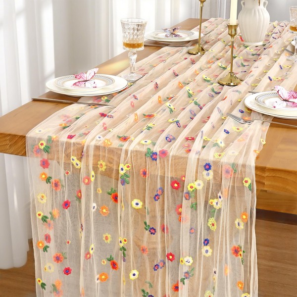 Dremisland Champagne Embroidery Daisy Gauze Table Runner Autumn Decor 120