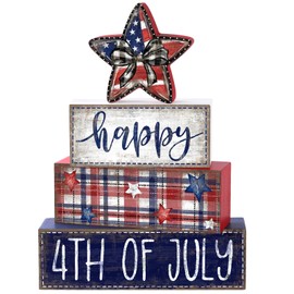 DIYDEC 4Pcs Memorial Day Table Decor 4th of July Patriotic Wood Signs Independence Tiered Tray Decor America Red Blue Centerpieces Signs for Farmhouse Holiday Tabletop Home Party Decoration