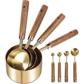 Measure Cup and Spoon Set,Gold Measuring Cup Spoon Set,Wooden Handle Gold Measuring Cup,Measure Cup and Spoon Set Gold Measuring Cup Spoon Set with Wooden Handle for Home Kitchen