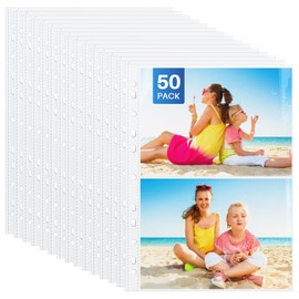WenYa A4 Punched Pockets, Photo Pockets for Ring Binder Albums, Clear Punched Pockets Paper File Letter Sheet Protector Binder Sleeves, 2 Pocket A5 Portrait Format, 50 Sheets