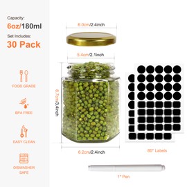 30 Pack 6oz Hexagon Glass Jars with Gold Lids, 180ml Clear Glass Canning Jars Honey Jars Spice Jars Mason Jars for Herb, Jams, Shower Favors, Wedding Favors, Craft, 1 Pen and Labels Included