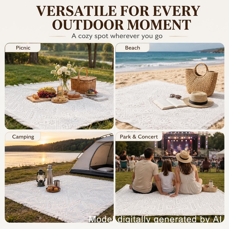 Etnorsu 91 x 71inch White Outdoor Picnic Blanket with Waterproof