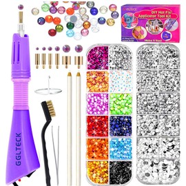 GGLTECK Hotfix Applicator Rhinestones, DIY Hot Fix Rhinestone Applicator Wand Setter Tool Kit with 7 Different Sizes Tips, Tweezers & Brush Cleaning kit and 2 Pack Hot-Fix Crystal Rhinestones