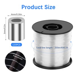 0.8 mm Nylon Thread Transparent Tear-Resistant Transparent Cord, 200 m Nylon Cord with 120 Pieces Aluminium Crimp Sleeves, Fishing Line Strong Nylon Line, Invisible Strong Fishing Line for Fishing