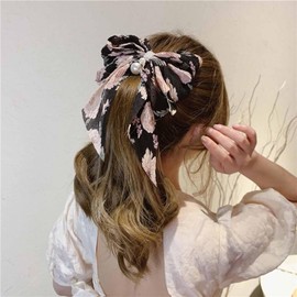 Boho Floral Bow Hair Clip Large Flowers Hair Bow Silky Satin Hair Clips Clip Flower Bowknot Hairpin Head Cover Pearl Bow Hair Barrette Lady Jewellery for Girls Gifts (Black)