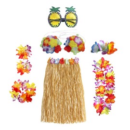 Namvo 8pcs Hula Skirt Costume Hawaiian Leis Dancer Dress Set with Flower Bikini Top, Pine for Adults Fancy Dress Supplies Party Summer Beach Tropical Party Decorations