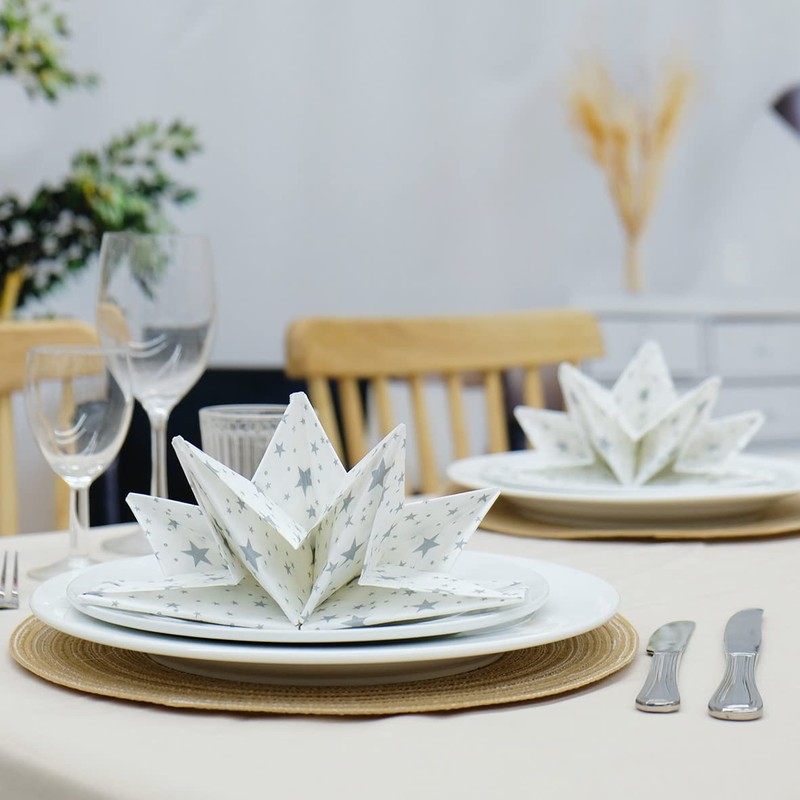 Fanxyware Star Shaped Origami Dinner Napkins with Silver Stars on