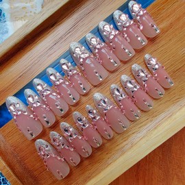 Gleamrain 3D Handmade Press on Nails Long Almond Handcrafted Nail Art with Designed Fall Stick on Nail for Women and Girls /20 Piece Set