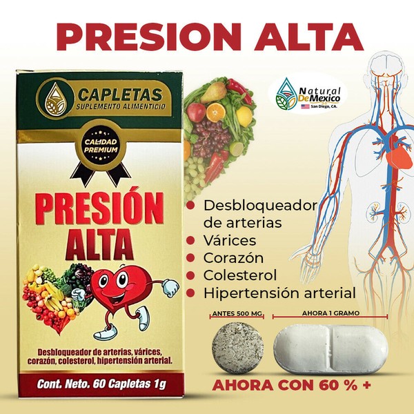 Natural de Mexico USA Presión Alta Suplemento Natural 60 Capletas Hipertensión, Colesterol