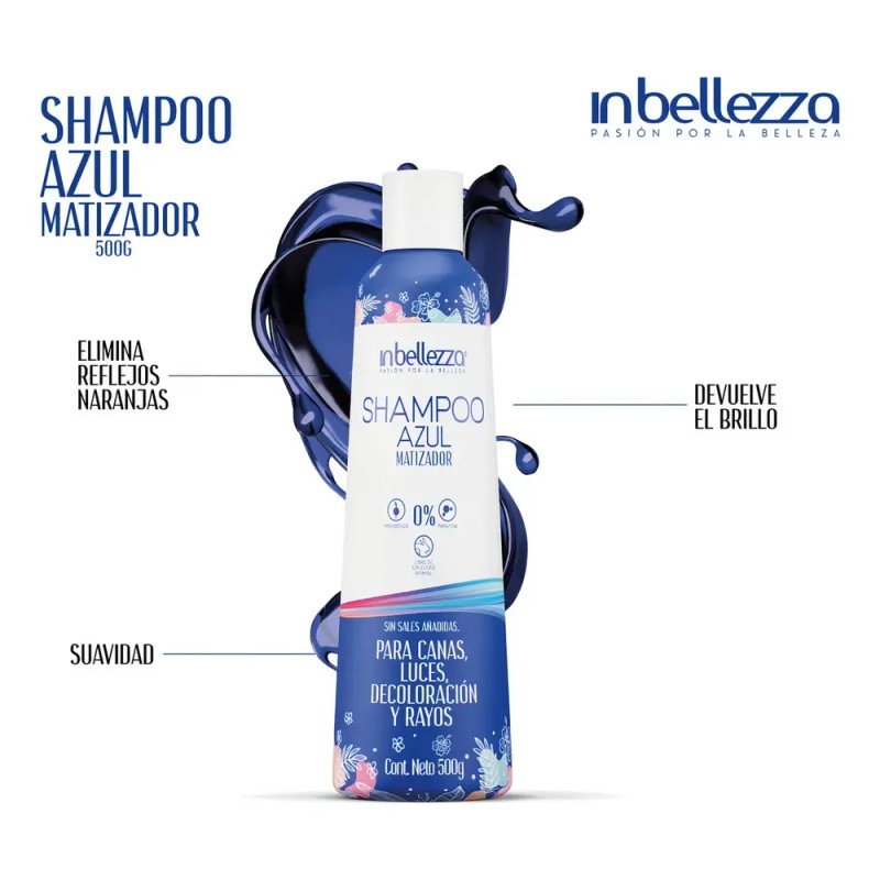 Shampoo Azul Matizador Para Canas Y Rayos Inbellezza 500g