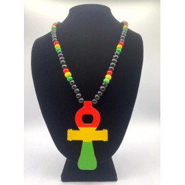 ankh cross necklace wood rasta colors black red Egyptian symbol of protection