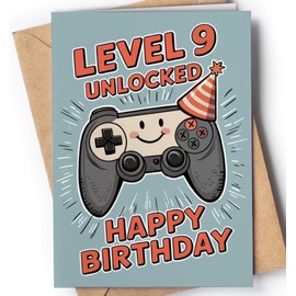 Happy 9th Birthday Card for Boy - Cool 9 Year Old Birthday Card for Son, Grandson, Nephew - Cute Gamer Level 9 Bday Cards for Kids - Age 9 Video Game Themed Greeting Cards for Boys, Gamers - NUM 260