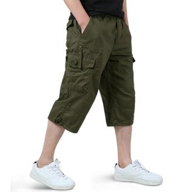 EKLENTSON Capri Pants for Men Classic 3/4 Below Knee Cargo Shorts with 7 Pockets Lightweight Long Shorts Twill Relaxed Fit Work Shorts Army 36