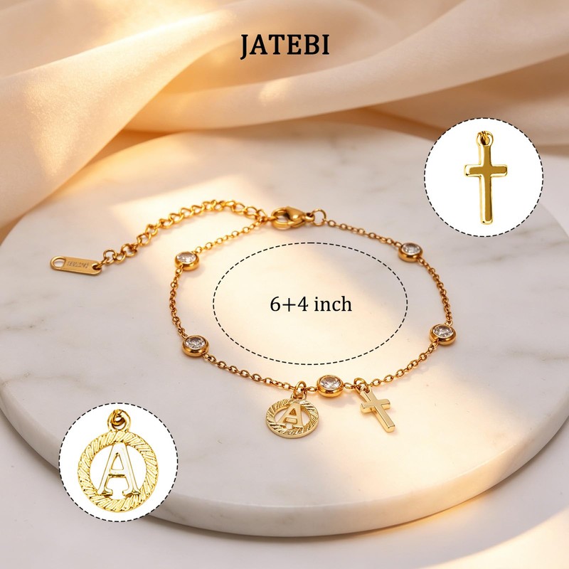JATEBI 14K Gold Plated Bracelets for Women, Initial Cross Bracelet